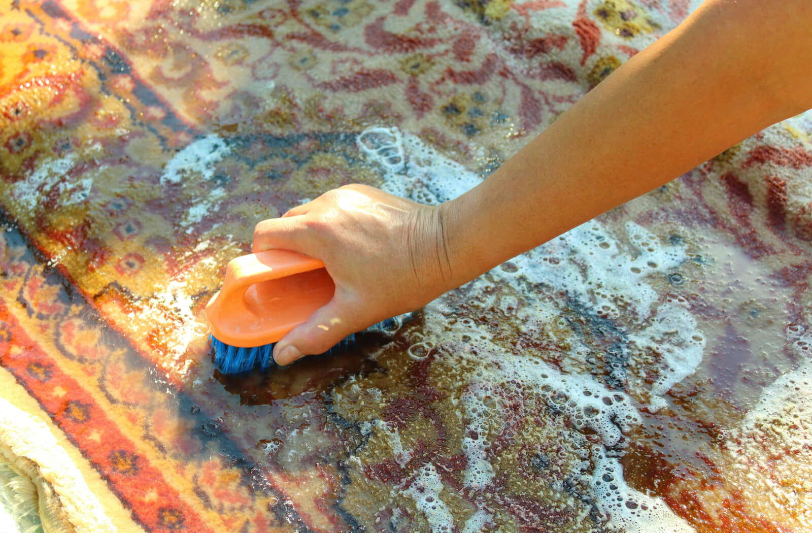 A person's hand as they manually scrub a rug with a thick-bristled brush and soapy water.