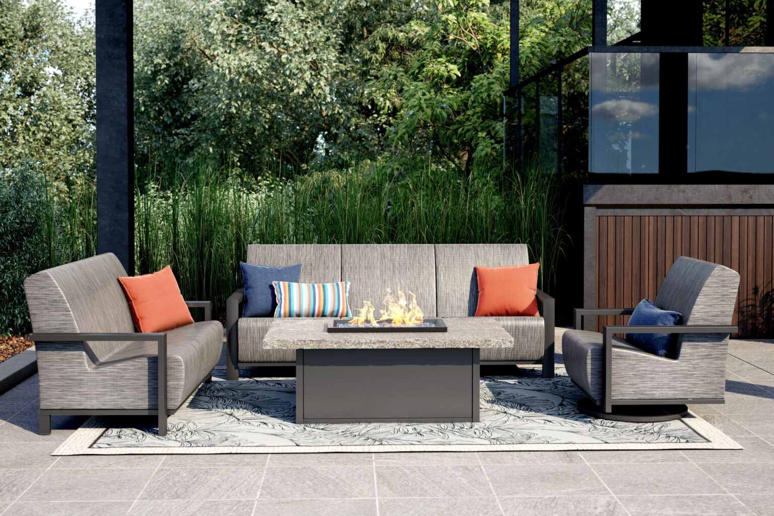 Elements Air shadow patio furniture around a fire table that has been kept in immaculate condition